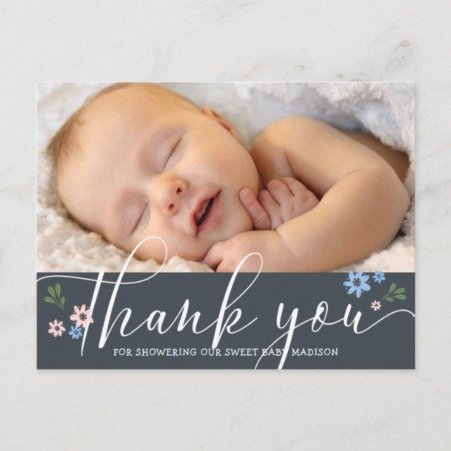 Modern Calligraphy Baby Shower Thank You Photo Postcard (Front)