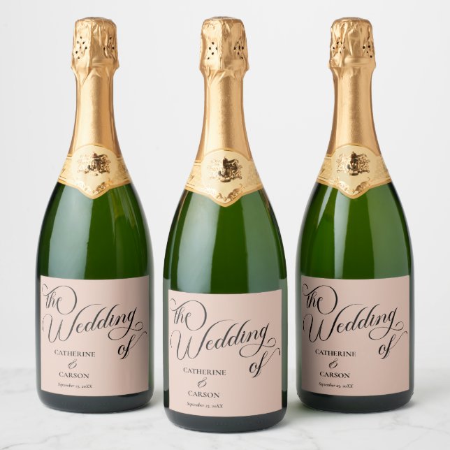 Modern Calligraphy Beige Wedding  Sparkling Wine Label (Bottles)