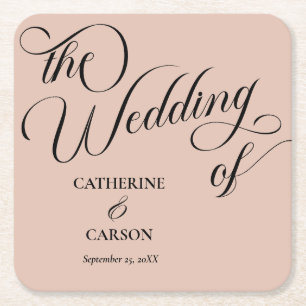 Modern Calligraphy Beige Wedding Square Paper Coaster