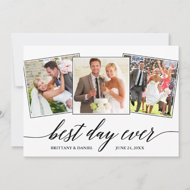Modern Calligraphy Best Day Ever 3 Photo Thank You Card (Front)