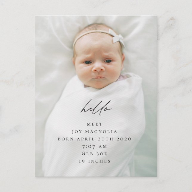Modern Calligraphy Birth Announcement Postcard (Front)
