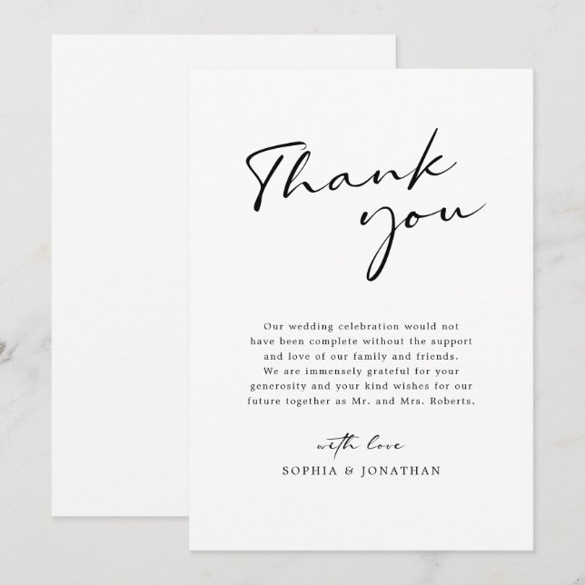 Modern Calligraphy Black and White Simple Wedding Thank You Card (Front/Back)