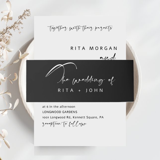 Modern Calligraphy Black and white Wedding Invitation Belly Band (Creator Uploaded)