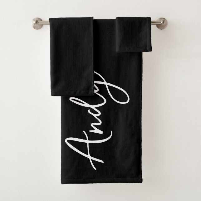Modern Calligraphy Black Custom Name Bath Towel Set (Insitu)