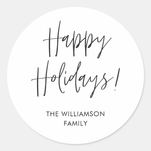 Modern Calligraphy Black Happy Holidays Family  Classic Round Sticker (Front)