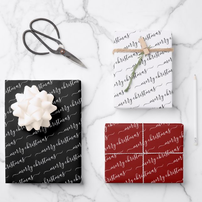 Modern Calligraphy Black White Maroon Christmas Wrapping Paper Sheet (Front)
