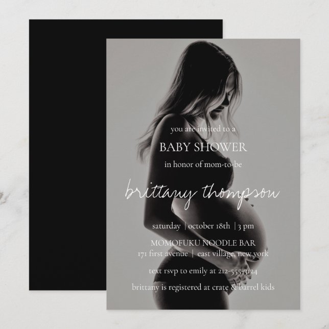Modern Calligraphy Black White Photo Baby Shower Invitation (Front/Back)