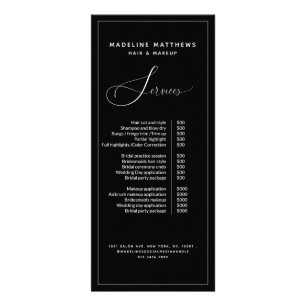 Modern Calligraphy Black White Salon Price List Rack Card