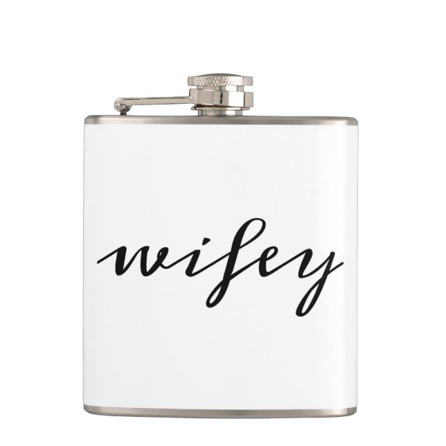Modern Calligraphy Black Wifey Script Hip Flask (Front)