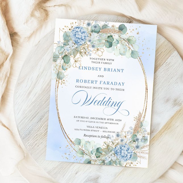 Modern Calligraphy Blue Floral Gold Wedding Invite (Modern Calligraphy Blue Floral Gold Wedding Invitation)