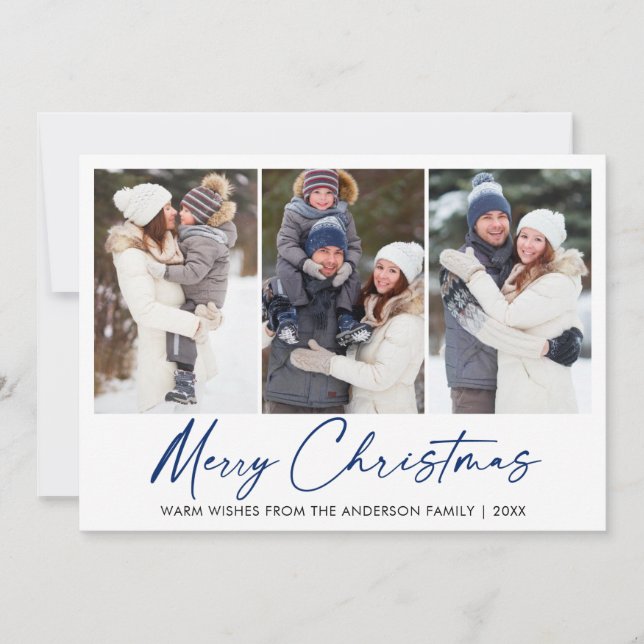 Modern Calligraphy Blue Ink Pen Christmas 3 Photo Holiday Card (Front)