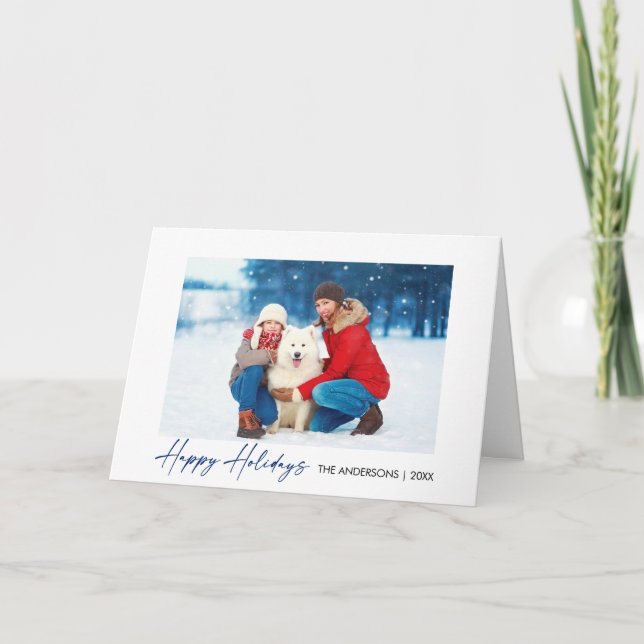 Modern Calligraphy Blue Ink Script Folded Photo Holiday Card (Front)