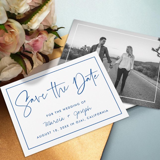 Modern calligraphy Blue Non-Photo Save The Date (Creator Uploaded)