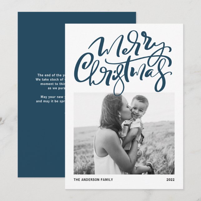 Modern Calligraphy Blue Photo Merry Christmas Holiday Card (Front/Back)