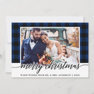 Modern Calligraphy Blue Plaid Wedding Photo Holiday Card