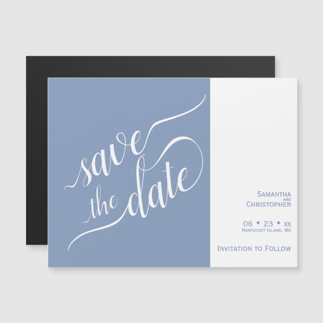 Modern Calligraphy Blue Wedding Save the Date Magnetic Invitation (Front/Back)