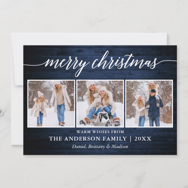 Modern Calligraphy Blue Wood Christmas 3 Photo Holiday Card (Front)