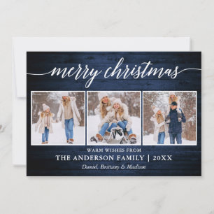 Modern Calligraphy Blue Wood Christmas 3 Photo Holiday Card