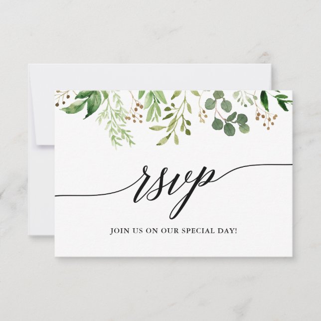 Modern Calligraphy Botanical Green Wedding RSVP Card (Front)