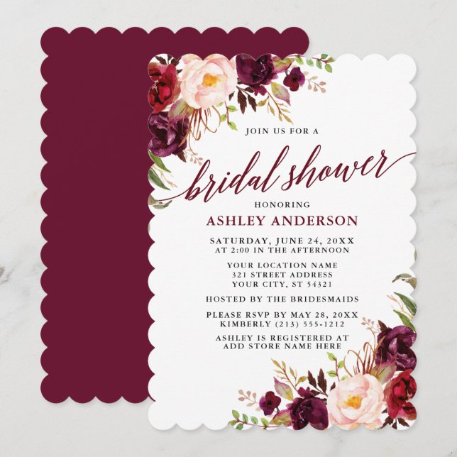Modern Calligraphy Bridal Shower Burgundy Floral Invitation (Front/Back)