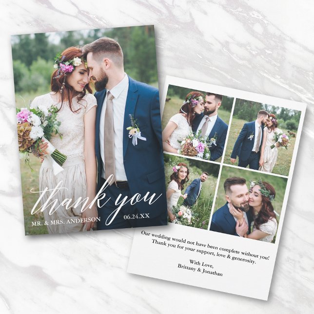 Modern Calligraphy Bride and Groom 5 Photo Wedding Thank You Card (Customize to change your personalized text size or text style.)