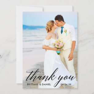 Modern Calligraphy Bride Groom Photo Wedding Blk Thank You Card