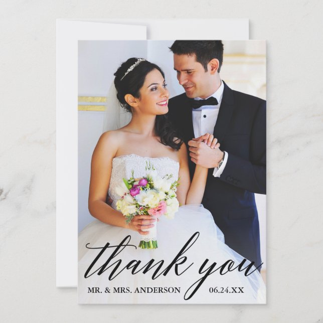 Modern Calligraphy Bride Groom Photo Wedding Thank You Card (Front)