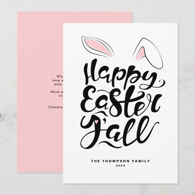 Modern Calligraphy Bunny Ears Happy Easter Y'all Holiday Card (Front/Back)