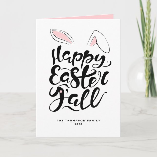 Modern Calligraphy Bunny Ears Happy Easter Y'all Thank You Card (Front)