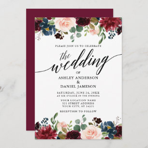 Modern Calligraphy Burgundy Blue Floral Wedding Invitation