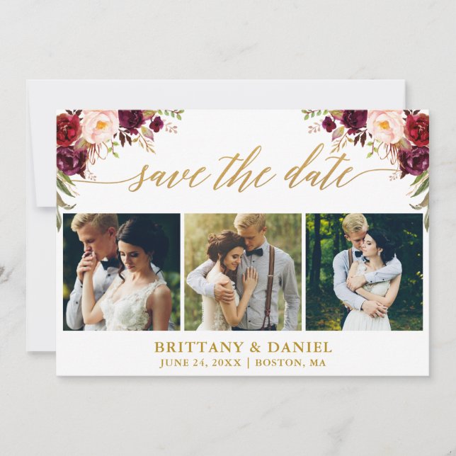 Modern Calligraphy Burgundy Floral 3 Photo Gold Save The Date (Front)