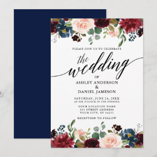 Modern Calligraphy Burgundy Floral Blue Wedding Invitation