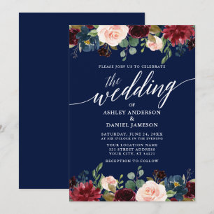Modern Calligraphy Burgundy Floral Wedding Blue Invitation