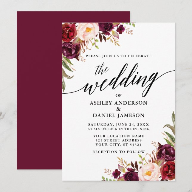 Modern Calligraphy Burgundy Floral Wedding Invitation (Front/Back)
