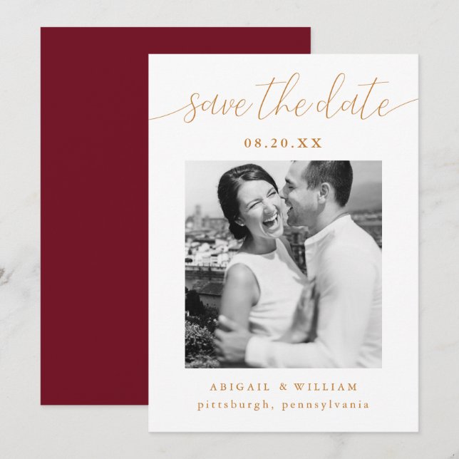 Modern Calligraphy Burgundy Red Photo Wedding Save The Date (Front/Back)