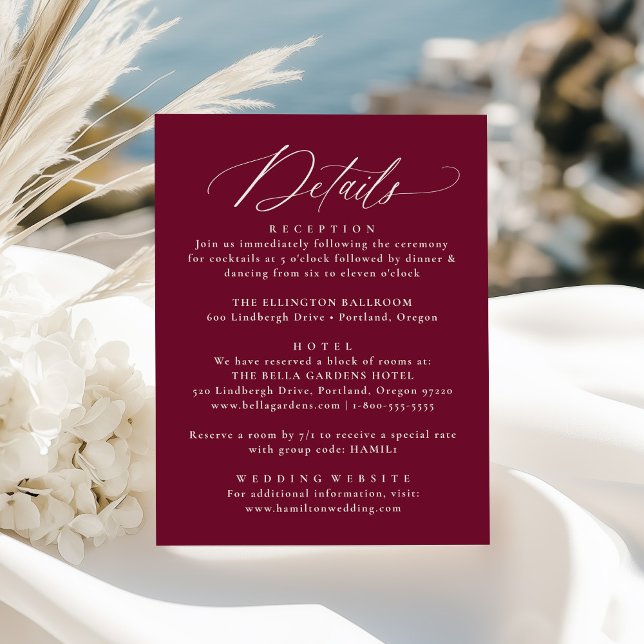 Modern Calligraphy Burgundy Wedding Details Enclosure Card (Creator Uploaded)