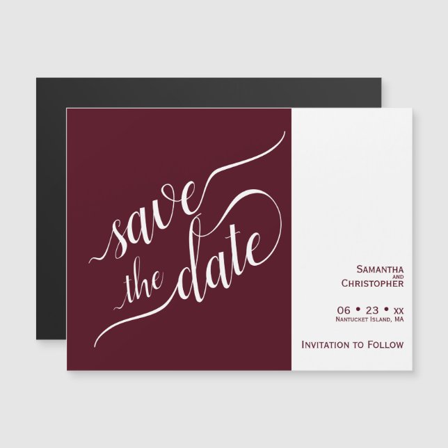 Modern Calligraphy Burgundy Wedding Save the Date Magnetic Invitation (Front/Back)