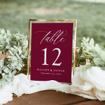 Modern Calligraphy Burgundy Wedding Table Number<br><div class="desc">Enhance your wedding reception with our chic table number cards, featuring elegant white calligraphy on a rich burgundy background. This sophisticated design adds a touch of romance and modern charm, making it perfect for weddings of all themes and seasons. Customise each card with your names and wedding date for a...</div>