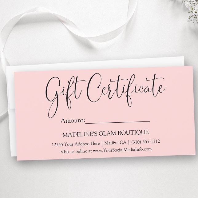 Modern Calligraphy Business Pink Gift Certificate (Customize to change background color.)
