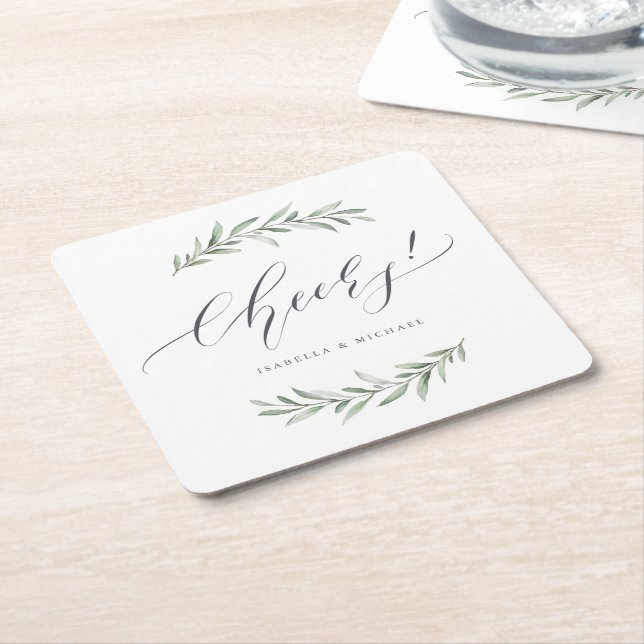 Modern calligraphy cheers rustic greenery wedding square paper coaster (Angled)