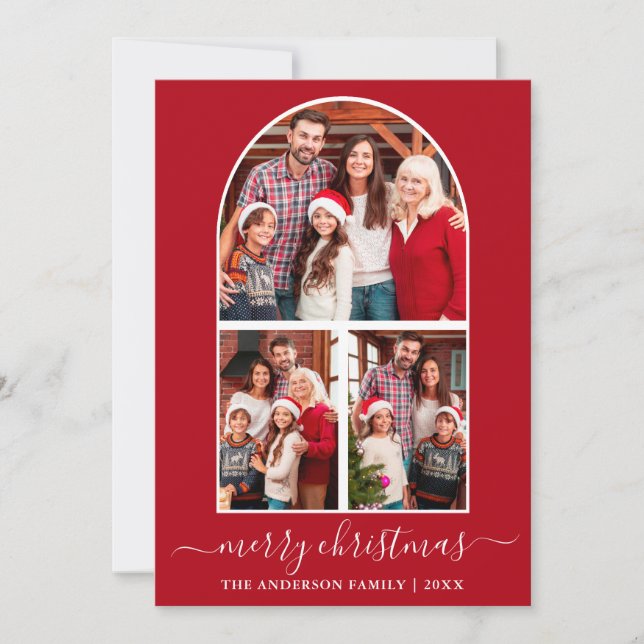 Modern Calligraphy Christmas 3 Photo Arch Red Holiday Card (Front)