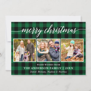 Modern Calligraphy Christmas 3 Photo Green Plaid Holiday Card