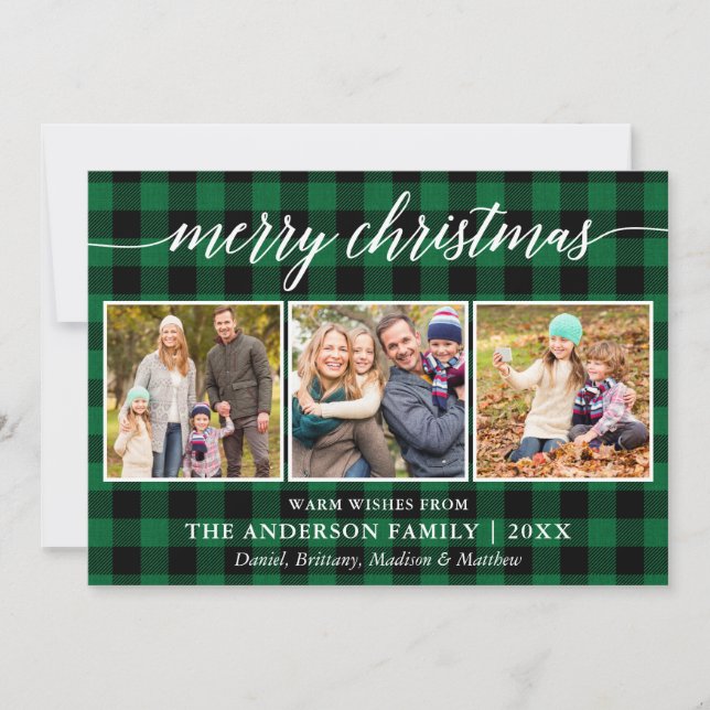 Modern Calligraphy Christmas 3 Photo Green Plaid Holiday Card (Front)