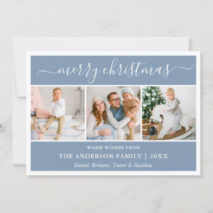 Modern Calligraphy Christmas Dusty Blue 3 Photo Holiday Card