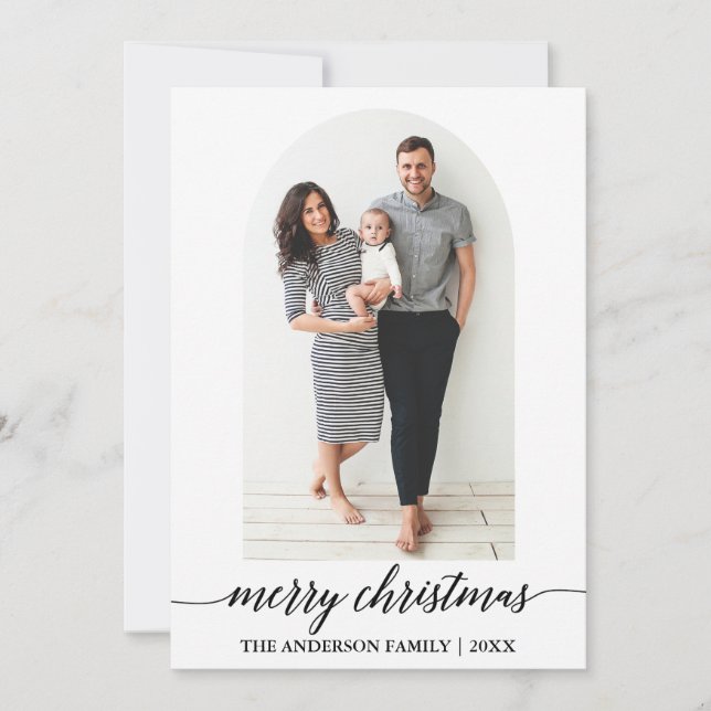 Modern Calligraphy Christmas Photo Arch Minimalist Holiday Card (Front)
