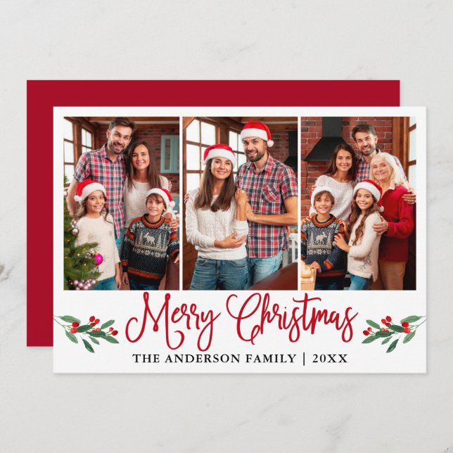 Modern Calligraphy Christmas Red Holly 3 Photo Holiday Card (Front/Back)