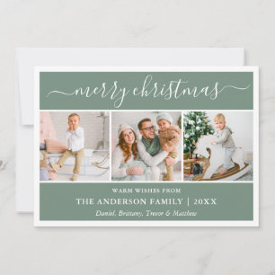 Modern Calligraphy Christmas Sage Green 3 Photo Holiday Card