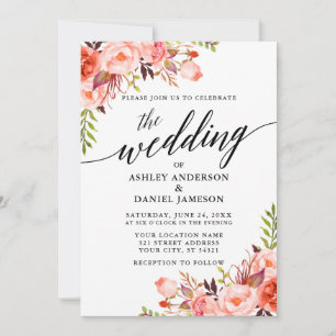 Modern Calligraphy Coral Floral Wedding Invitation