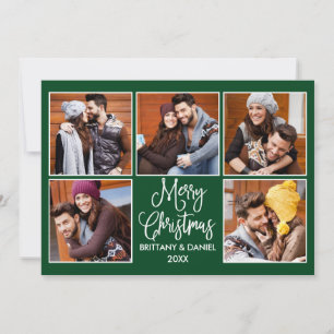 Modern Calligraphy Couple 5 Photo Christmas Green Holiday Card