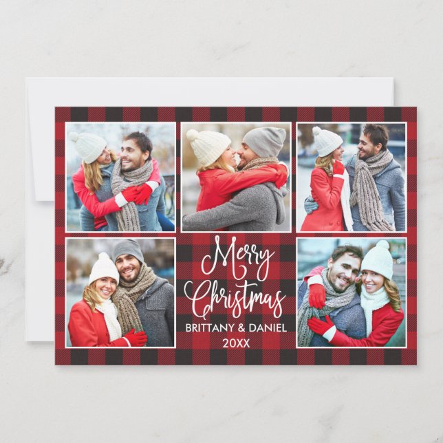 Modern Calligraphy Couple 5 Photo Christmas Plaid Holiday Card (Front)